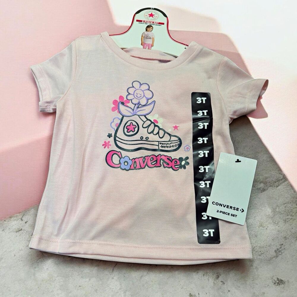 Converse 2pc Girls Outfit Set 3T Pink Floral Cotton T-Shirt Biker Shorts